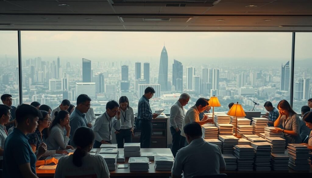 A bustling scene of political preparation for the 2029 Indonesian general election. In the foreground, a group of campaign volunteers enthusiastically discussing strategy around a large table, their faces illuminated by the warm glow of desk lamps. In the middle ground, electoral officials diligently checking voter rolls and organizing stacks of ballots, conveying a sense of efficient organization. The background reveals a panoramic view of a modern city skyline, symbolizing the national scale of the upcoming vote. Soft, diffused lighting casts long shadows, creating an atmosphere of seriousness and anticipation. The composition balances formal proceedings with the energy of civic engagement, reflecting the complex interplay of institutions and citizens in the democratic process.
