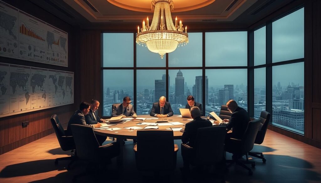 A dimly lit conference room, the walls adorned with electoral maps and statistics. At the center, a round table where officials in formal attire scrutinize documents, debating the intricacies of election governance. Overhead, a crystal chandelier casts a warm glow, illuminating the tension and concentration in the room. Through large windows, the cityscape beyond suggests the weight of public trust and accountability. Shadows stretch across the floor, hinting at the complexities and challenges of maintaining a fair and transparent electoral process. The scene conveys the gravity of election management, a delicate balance of logistics, transparency, and public confidence.
