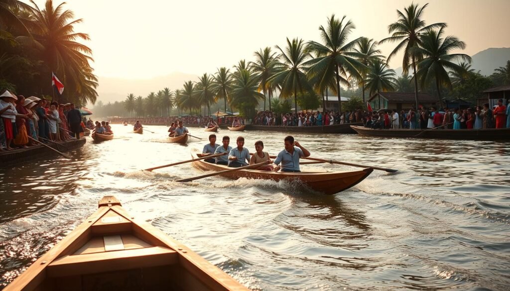 A lively and colorful scene of the traditional "Pacu Jalur" boat racing festival. In the foreground, a crew of rowers propel a long, narrow wooden boat through the glistening waters, their oars slicing through the surface in synchronized motions. The middle ground features spectators lining the riverbanks, their vibrant traditional attire creating a vibrant tapestry. In the background, verdant palm trees and a hazy horizon set the tropical atmosphere. Warm sunlight bathes the entire scene, casting dynamic shadows and highlights that accentuate the energy and movement. The composition captures the exhilaration and cultural significance of this iconic Indonesian spectacle.