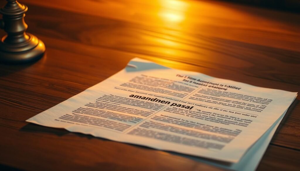 A meticulously crafted legal document, its pages filled with intricate text and intricate amendments, resting upon a wooden surface illuminated by warm, focused lighting. The document's edges are slightly worn, hinting at its history and significance. The background is softly blurred, drawing the viewer's attention to the central focal point - the "amandemen pasal" at the heart of this important legal matter. The overall mood is one of gravitas and careful consideration, befitting the gravity of the subject matter.
