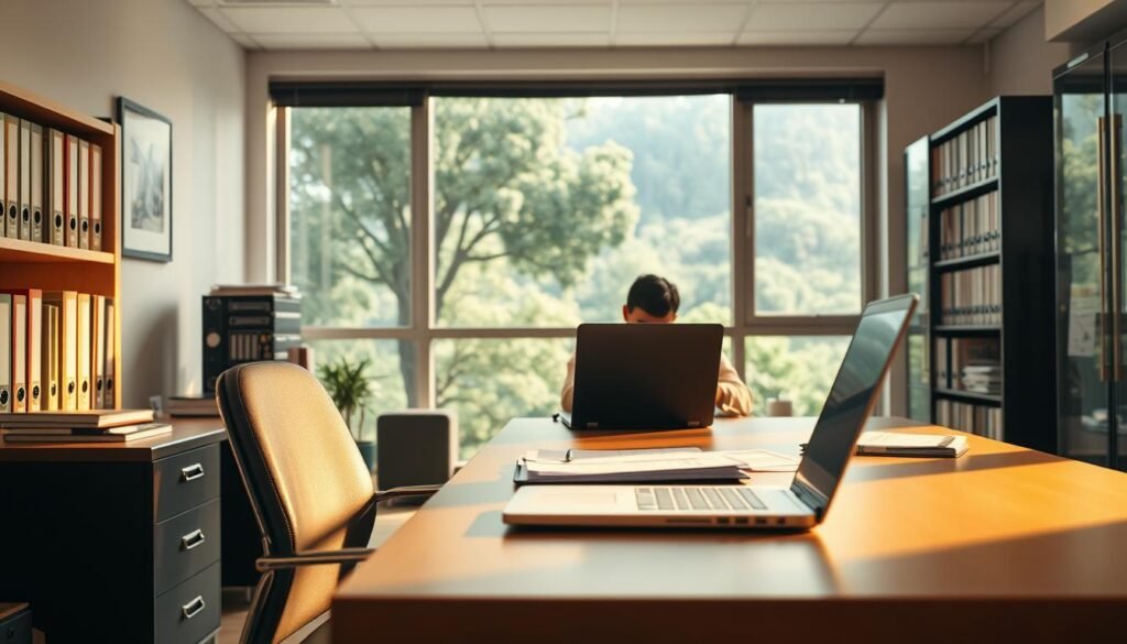 A serene administrative office scene with a desk, chair, and laptop in the foreground, illuminated by warm, diffused lighting. In the middle ground, a person seated at the desk, carefully reviewing documents and filling out application forms. The background features shelves of organized files and a large window overlooking a lush, verdant landscape, conveying a sense of tranquility and focused productivity. The overall atmosphere is one of diligence, professionalism, and a commitment to the process of scholarship application.