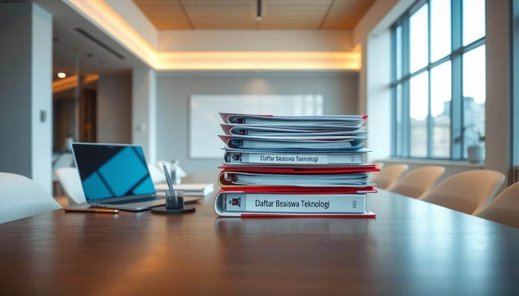 A sleek, modern office setting with a large desk in the foreground, adorned with a laptop, pen holder, and other professional accessories. In the middle ground, multiple binders and folders are neatly stacked, labeled "Daftar Beasiswa Teknologi". The background features a minimalist, well-lit room with floor-to-ceiling windows, providing a sense of openness and professionalism. The lighting is soft and diffused, creating a warm and inviting atmosphere. The overall composition conveys a sense of organization, diligence, and a focus on educational opportunities in the field of technology.