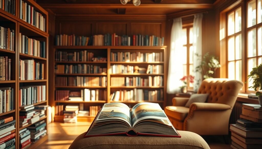 A tranquil, sunlit study filled with the warmth of wood and the soft glow of natural light. In the center, an open book with a vibrant, emotive cover stands as the focal point, inviting the viewer to embark on a journey of emotional exploration. Surrounding it, a thoughtfully curated collection of books, their spines hinting at the wealth of knowledge and personal growth they contain. Shelves, tastefully arranged, create a sense of order and intentionality, while a plush, earth-toned armchair beckons the reader to settle in and immerse themselves. The overall atmosphere is one of contemplation, introspection, and the quiet power of self-discovery through the written word.