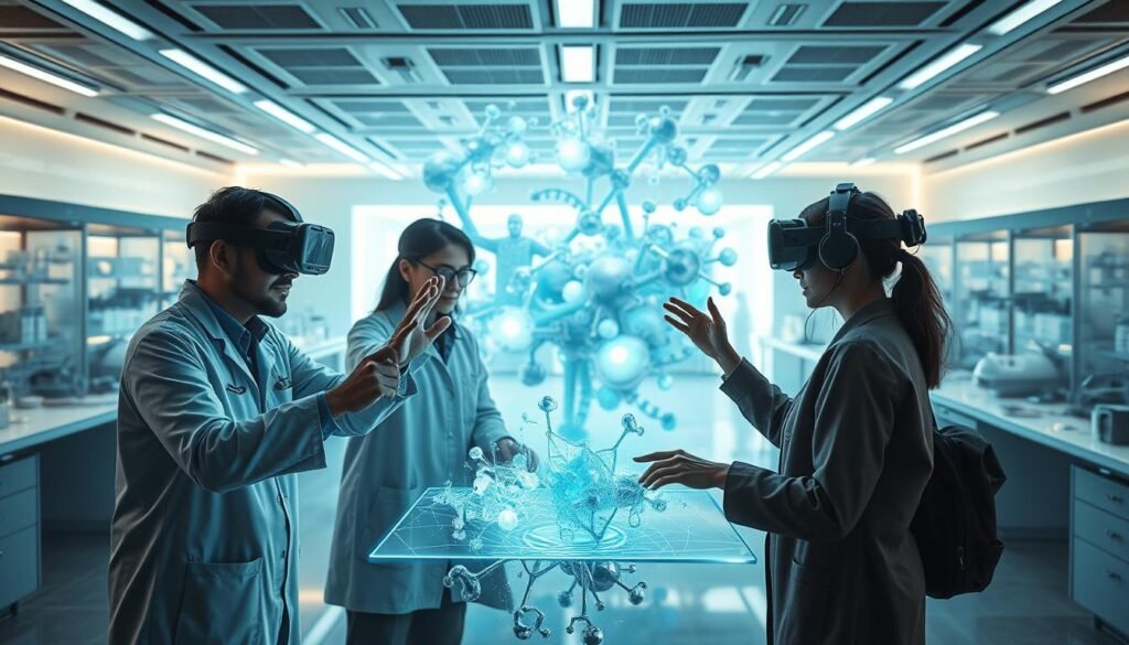 A vast, immersive scientific landscape, showcasing the power of AR/VR technology. In the foreground, a team of researchers collaborates seamlessly, manipulating holographic 3D models with intuitive hand gestures. The middle ground reveals a fully-immersive simulation, where students explore the intricacies of molecular structures, probing and dissecting them with virtual tools. The background depicts a futuristic laboratory, bathed in a soft, ambient glow, hinting at the boundless possibilities of AR/VR in revolutionizing science education and research.