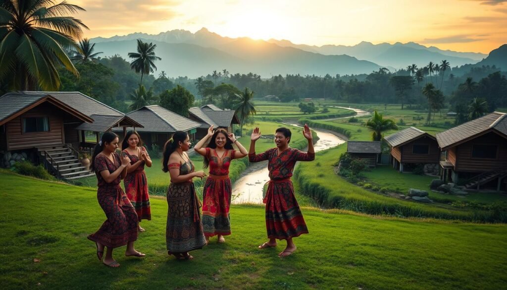 A vibrant outdoor scene showcasing the allure of local Indonesian culture. In the foreground, a group of villagers dressed in traditional batik garments engage in a lively folk dance, their movements graceful and rhythmic. The middle ground features a picturesque village backdrop, with quaint wooden houses, lush greenery, and a tranquil river winding through the landscape. In the distance, the silhouettes of majestic, snow-capped mountains create a stunning natural backdrop, bathed in the warm, golden glow of the setting sun. The overall atmosphere exudes a sense of joy, community, and the enduring charm of Indonesia's rich cultural heritage.