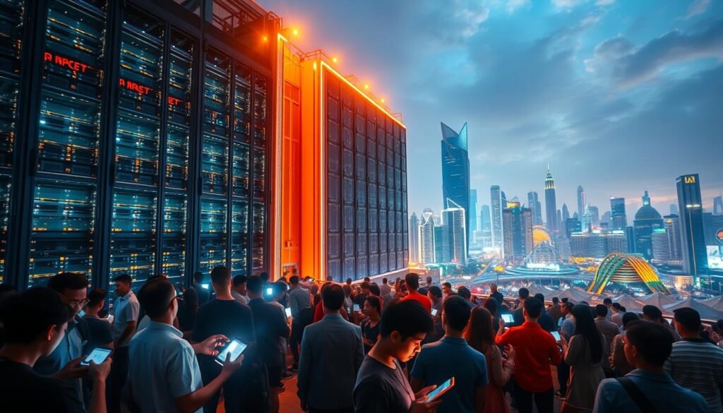 A bustling digital landscape, illuminated by the warm glow of technology. In the foreground, a diverse group of individuals immersed in their digital devices, representing the growing demand for skilled digital talent in Indonesia. The middle ground showcases a towering data center, symbolizing the vast infrastructure required to support the nation's digital transformation. In the background, a vibrant cityscape with towering skyscrapers and a futuristic skyline, signifying the rapid advancement of Indonesia's digital economy. The scene is captured with a cinematic wide-angle lens, creating a sense of scale and emphasizing the overwhelming need for digital skills to meet the challenges and opportunities of the digital era.