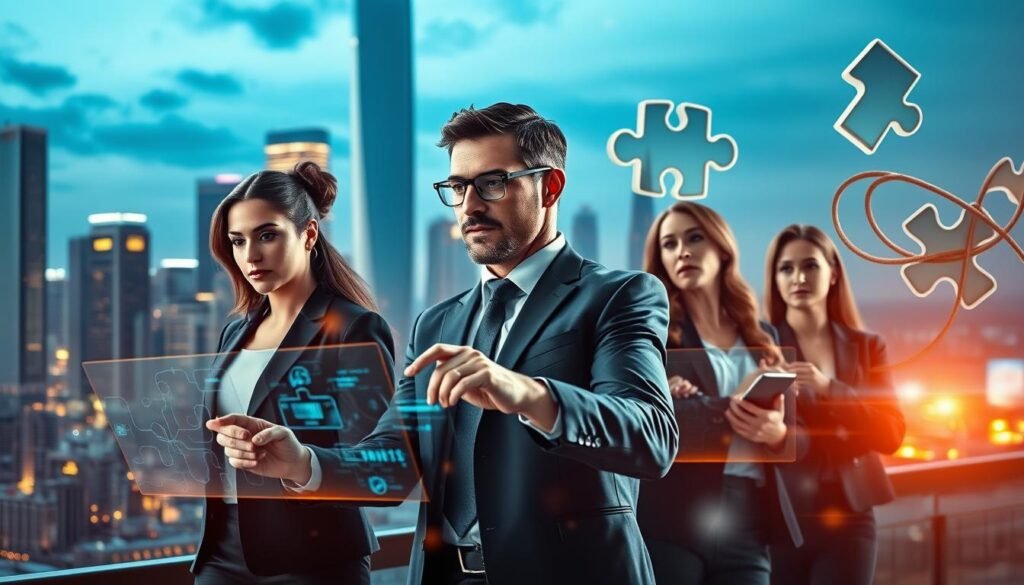 A dynamic composition showcasing the contrast between digital talent and the challenges of the IT industry in the digital era. In the foreground, a group of skilled professionals in sleek, modern attire confidently navigate a futuristic, holographic interface, their expressions focused and determined. The midground features a backdrop of towering skyscrapers and a bustling cityscape, symbolizing the fast-paced, competitive nature of the tech landscape. In the background, subtle hints of disjointed puzzle pieces and tangled wires suggest the mismatch between supply and demand, and the need to bridge the talent gap. Warm, golden lighting casts an air of optimism, while strategic use of depth of field and dynamic camera angles heighten the sense of movement and urgency.