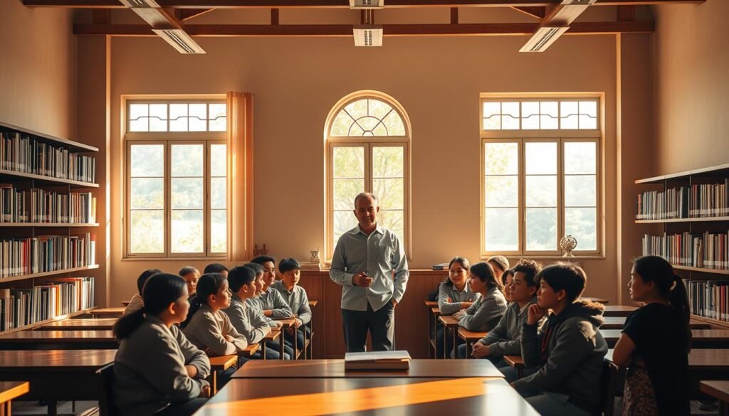 A serene classroom setting, bathed in warm, natural lighting. At the center, a teacher stands before a group of attentive students, their faces radiating a sense of intellectual curiosity and moral character. Shelves of books line the walls, symbolizing the pursuit of knowledge and wisdom. Through the windows, a tranquil garden can be seen, suggesting a harmonious balance between the academic and the natural. The overall atmosphere evokes a profound respect for education, where students are guided not only in academic subjects but also in the principles of Thayyiban - moral excellence, ethical conduct, and spiritual growth.