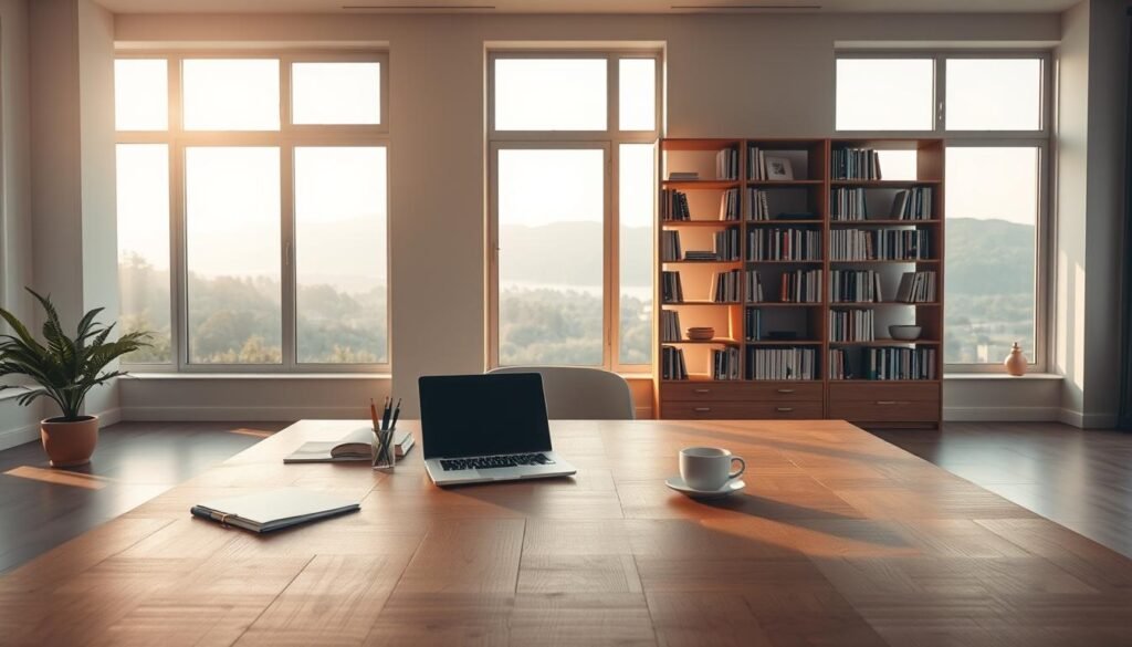 A serene, minimalist office scene with a large, wooden desk in the foreground. On the desk, a laptop, a cup of coffee, and a few carefully arranged stationery items. The background features a large window overlooking a tranquil, natural landscape, bathed in warm, natural lighting. In the middle ground, a neatly organized bookshelf stands, symbolizing the importance of knowledge and discipline in effective time management. The overall atmosphere conveys a sense of focus, productivity, and a balanced approach to work and life.