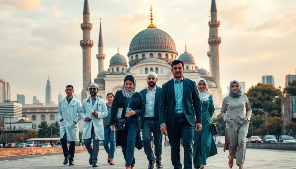 A serene mosque with intricate architecture stands tall, its domes and minarets reaching towards the sky. In the foreground, a diverse group of professionals - a doctor, an engineer, a teacher, and more - walk purposefully, their expressions reflecting a sense of dedication and service. The warm, golden lighting casts a welcoming glow, symbolizing the harmony between faith and career. In the background, a bustling cityscape with skyscrapers and busy streets, showcasing how these individuals contribute to the betterment of their community through their Islamic-inspired professions. The scene conveys the idea of a career path grounded in Islamic values, where one's work becomes a means of serving society and honoring one's faith.