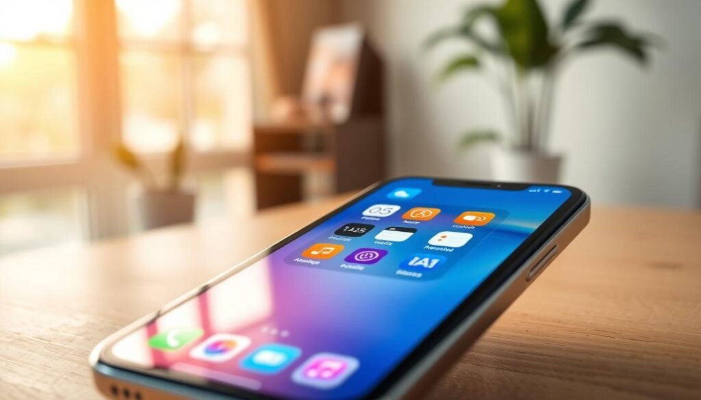 A beautifully designed iOS interface displayed on the screen of a modern smartphone, showcasing vibrant app icons and a sleek control center. The foreground features a close-up of the device with polished glass and aluminum, reflecting soft ambient light. In the middle, the iOS screen reveals an organized layout of colorful, intuitive icons representing popular apps, harmoniously arranged to convey user-friendly navigation. The background is a softly blurred indoor setting, illuminated by natural light streaming through a window, creating a warm and inviting atmosphere. The mood is modern and innovative, highlighting the elegance and functionality of the iOS design, perfect for illustrating a cutting-edge technological experience.