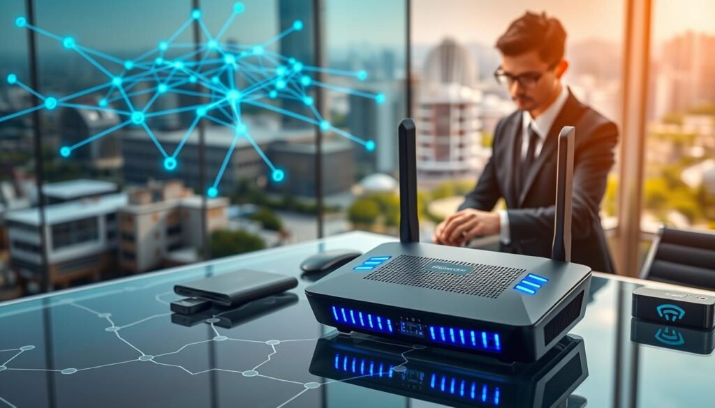 A close-up view of a modern fiber internet router with glowing blue LEDs, prominently displaying the "Unlimited Internet" logo. In the foreground, a professional-looking person in business attire is confidently setting up the device on a sleek glass desk filled with tech gadgets. The middle ground features a vibrant, connected network graphic symbolizing high-speed internet spread across the region of Jawa Barat, with digital maps highlighted. The background presents a blurred cityscape of urban areas in Jawa Barat, showcasing modern buildings and green spaces, under soft natural daylight that casts a clear, optimistic atmosphere. The lens should create a shallow depth of field, emphasizing the router while gently blurring the background details. The overall mood is one of innovation and connectivity in a digitally advanced environment.