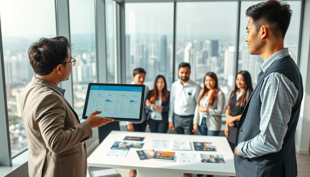 A modern office setting in Jawa Barat, showcasing a professional consultant explaining the process of subscribing to fiber internet services. In the foreground, a smartly dressed individual gestures towards a digital tablet displaying a user-friendly interface for internet plans. In the middle, a diverse group of customers, dressed in business casual attire, gathers around a desk with brochures and visual aids illustrating fiber infrastructure benefits. The background features large windows revealing a bustling cityscape, symbolizing digital growth. Soft, natural lighting enhances the atmosphere, creating a warm and inviting mood. The composition is captured from a slightly elevated angle to emphasize the interaction and engagement among the individuals.