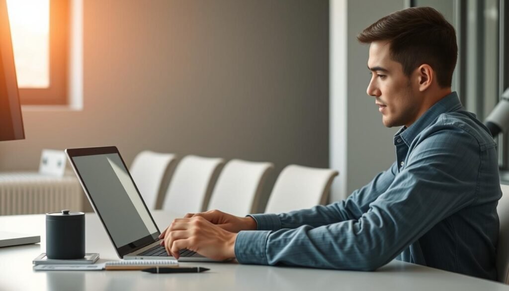A modern office setting with a person sitting at a desk, intently focused on evaluating different mobile apps on a laptop screen. The scene is well-lit, with a warm, natural glow from a window in the background. The person's expression conveys thoughtfulness and careful consideration as they navigate through various app options, seeking the perfect 4K video editing solution that meets their specific needs. The desk is clean and organized, with a few relevant accessories like a smartphone, notebook, and pen, creating an atmosphere of productivity and efficiency. The overall mood is one of focused decision-making, with the person's body language and the surrounding environment suggesting a diligent, analytical approach to selecting the optimal 4K video app.