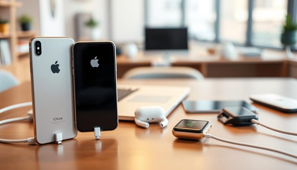 A professional setting illustrating iOS device compatibility with MagSafe charging. In the foreground, a sleek iPhone and a MacBook are displayed side-by-side, showing their MagSafe connections. The middle ground features a modern desk with various iOS devices like AirPods and an Apple Watch, all prominently showcasing their compatibility with MagSafe. In the background, there is a subtle blur of a tech-savvy workspace filled with soft lighting, emphasizing a clean and modern aesthetic. The color palette is both warm and inviting, creating a professional yet approachable atmosphere. The camera angle is slightly elevated, capturing all devices in crisp detail with a shallow depth of field to highlight the focus on the iOS ecosystem.