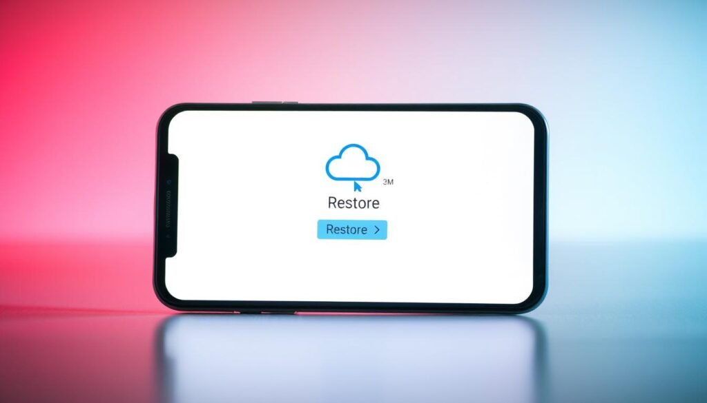 A sleek and modern smartphone screen displaying a vibrant, dynamic restore process. The foreground shows a minimalist interface with a prominent "Restore" button and a progress indicator, conveying a sense of speed and efficiency. The middle ground features a stylized cloud icon and file transfer animations, hinting at the seamless data restoration. The background is a subtly blurred, gradient-based environment, creating a polished, high-tech atmosphere. Soft, directional lighting accentuates the device's curves and highlights the clean, uncluttered design. The overall mood is one of simplicity, speed, and technological prowess.