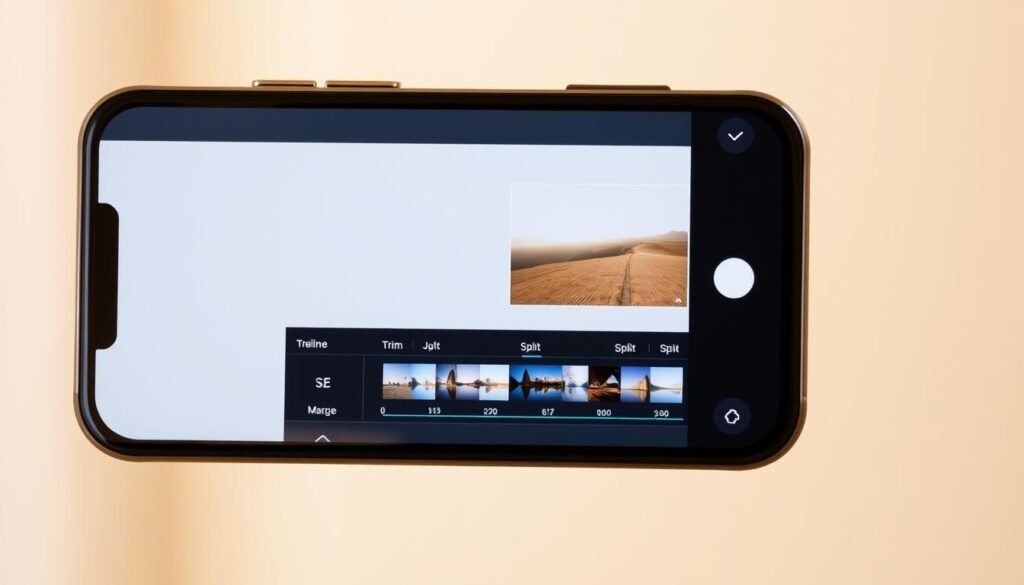 A smartphone display showcasing a mobile video editing app in an offline mode. The app's interface is minimal and intuitive, with a clean and uncluttered layout. The screen shows a timeline view for cutting and joining 4K video clips, along with basic editing tools like trim, split, and merge. The app is presented in a warm, natural lighting, capturing the simplicity and reliability of an offline video editing solution. The overall mood is one of efficiency and productivity, conveying the app's ability to handle demanding 4K video processing without internet connectivity.