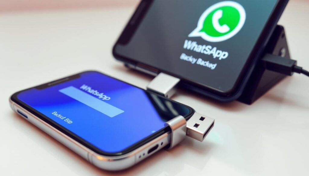 A visually-striking, high-resolution image of a mobile phone being backed up to an external USB drive (OTG). The phone's display shows the WhatsApp backup process in progress, with a progress bar and relevant icons. The OTG drive is positioned in the foreground, its sleek, metallic casing reflecting the phone's screen. The background is a clean, minimalist setting, perhaps an office desk or workspace, emphasizing the practical, functional nature of the backup process. Soft, directional lighting highlights the devices, creating depth and dimension. The overall mood is one of efficiency, security, and technology-enabled convenience.
