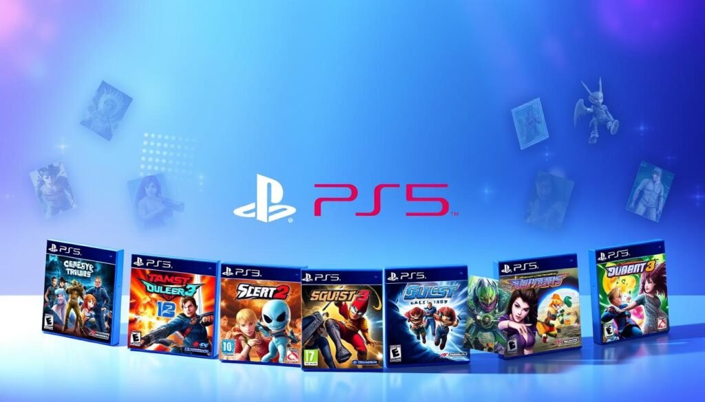 A dynamic arrangement of iconic PS2 game covers displayed in a circular layout, each featuring energetic action scenes representative of different genres such as combat, quests, and collections. In the foreground, the covers are vividly illustrated, capturing the nostalgic art styles, vibrant colors, and intense character designs. The middle ground contains a soft gradient backdrop that suggests the PS5 interface with a digital ambiance, including faint neon lights and pixelated effects to evoke a sense of modern gaming. The overall lighting is bright and welcoming, with a focus on the games, highlighting their vivid details. A deep blue and purple color palette enhances the gaming mood, making it inviting for readers exploring the recommendations in the article section.
