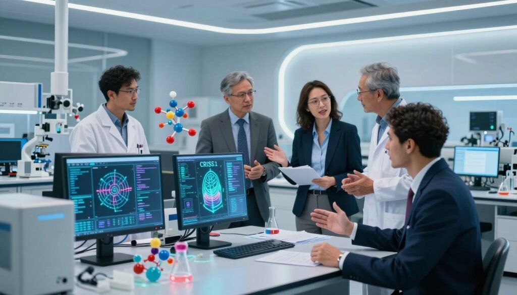A dynamic collaboration scene showcasing global researchers working together in a modern laboratory focused on medical technology. In the foreground, a diverse group of professionals in business attire are engaged in animated discussions, surrounded by advanced lab equipment, holographic displays of CRISPR and AI algorithms. The middle ground features intricate molecular models and computer screens displaying rapid data analysis, embodying the fusion of biotechnology and artificial intelligence. The background portrays a sleek, futuristic lab with bright, ambient lighting emphasizing innovation and teamwork. The atmosphere is one of excitement and urgency, symbolizing the fast-paced world of medical research and development.