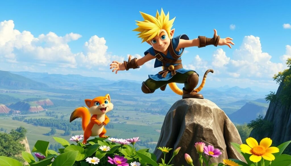 A dynamic scene featuring Jak, a rugged young hero with spiky blonde hair, wearing his signature blue tunic and brown accessories, energetically perched on a rocky outcrop. Beside him, Daxter, his witty anthropomorphic sidekick, stands playfully, resembling a small orange weasel with big expressive eyes. The foreground showcases vibrant green foliage and colorful flowers, embodying the lush, fantastical world they inhabit. In the middle ground, a sprawling vista of rolling hills and distant mountains extends under a clear blue sky, filled with soft, fluffy clouds. The lighting is warm and inviting, casting a golden glow over the characters, enhancing their adventurous spirit. The overall atmosphere conveys a sense of excitement and nostalgia, highlighting the charm of classic PlayStation platformers. A dynamic scene featuring Jak, a rugged young hero with spiky blonde hair, wearing his signature blue tunic and brown accessories, energetically perched on a rocky outcrop. Beside him, Daxter, his witty anthropomorphic sidekick, stands playfully, resembling a small orange weasel with big expressive eyes. The foreground showcases vibrant green foliage and colorful flowers, embodying the lush, fantastical world they inhabit. In the middle ground, a sprawling vista of rolling hills and distant mountains extends under a clear blue sky, filled with soft, fluffy clouds. The lighting is warm and inviting, casting a golden glow over the characters, enhancing their adventurous spirit. The overall atmosphere conveys a sense of excitement and nostalgia, highlighting the charm of classic PlayStation platformers.