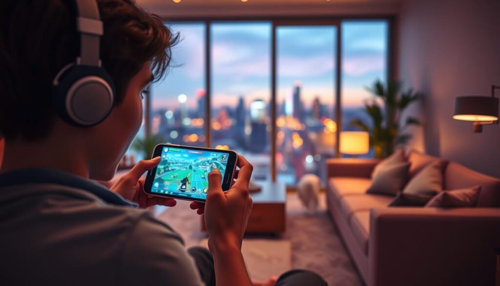 A futuristic mobile gaming scene showcasing the experience of cloud gaming. In the foreground, a young adult in casual clothing is deeply engaged with a smartphone displaying a vibrant game interface. The screen glows softly, illuminating their focused expression. In the middle ground, a cozy modern living room environment is visible, featuring comfortable furniture and ambient lighting that creates a relaxed atmosphere. In the background, a large window reveals a cityscape at dusk, with colorful lights twinkling in the twilight. The image captures a sense of excitement and connectivity, highlighting the seamless blend of technology and gaming. Soft, warm lighting enhances the inviting feel of the scene, while a slight depth of field subtly blurs the background, ensuring the focus remains on the gaming experience.