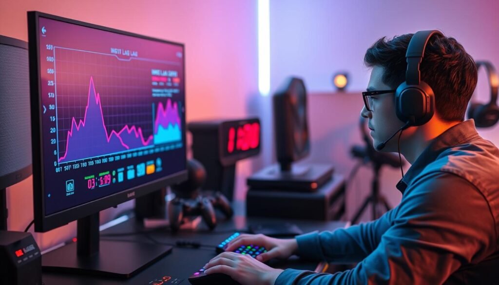 A high-tech gaming setup featuring a sleek monitor with visible input lag graphs on the screen, showcasing a split-second delay in frame responses. In the foreground, a focused gamer wearing professional casual attire is intently studying the screen, with a gaming mouse and keyboard illuminated by RGB lighting. The middle ground showcases a digital clock displaying milliseconds, emphasizing the theme of lag. The background has subtle hints of gaming paraphernalia like headsets and controllers, softly blurred to keep the focus on the monitoring process. Bright but soft lighting casts a futuristic ambiance, suggesting a serious analytical environment. The overall mood is one of concentration and technological precision, ideal for highlighting the complexities of detecting input lag in gaming. A high-tech gaming setup featuring a sleek monitor with visible input lag graphs on the screen, showcasing a split-second delay in frame responses. In the foreground, a focused gamer wearing professional casual attire is intently studying the screen, with a gaming mouse and keyboard illuminated by RGB lighting. The middle ground showcases a digital clock displaying milliseconds, emphasizing the theme of lag. The background has subtle hints of gaming paraphernalia like headsets and controllers, softly blurred to keep the focus on the monitoring process. Bright but soft lighting casts a futuristic ambiance, suggesting a serious analytical environment. The overall mood is one of concentration and technological precision, ideal for highlighting the complexities of detecting input lag in gaming.