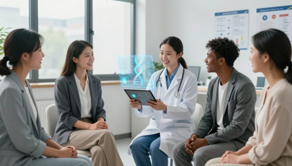 A modern medical setting showcasing the benefits of precision therapy for patients. In the foreground, a diverse group of patients sits comfortably in a well-lit consultation room, wearing professional business attire and expressing hopeful emotions. In the middle ground, a compassionate doctor uses an advanced tablet to analyze genetic data, with a holographic display of DNA strands and treatment options glowing above. The background features soothing colors, large windows letting in natural light, and medical charts on the walls, creating a sense of optimism and innovation. The atmosphere is collaborative and forward-thinking, capturing the potential of CRISPR and AI in accelerating personalized medicine. High-quality lighting emphasizes the faces and technology, lending a professional tone to the image.