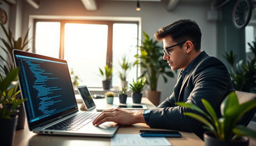 A modern workspace featuring a focused individual in professional attire, intently working on a mobile application development project. In the foreground, a sleek laptop with open coding software displays lines of code and app design sketches. The middle ground includes a desk adorned with tech gadgets like a tablet, smartphone, and notes, surrounded by plants that add a touch of greenery. The background features a large window with soft, natural light streaming in, illuminating the room. The overall atmosphere is vibrant and inspiring, reflecting a tech-savvy environment. The angle captures the person from a slight side view, allowing a glimpse of their concentrated expression while they innovate in mobile app development.