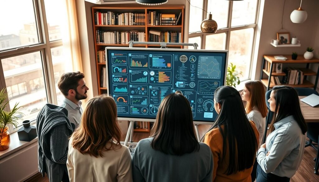 A professional setting showcasing a diverse group of individuals engaged in a collaborative data science and artificial intelligence tutorial. In the foreground, a mixed-gender group in professional business attire gathers around a large digital screen displaying colorful graphs and coding visuals. The middle features an interactive whiteboard filled with notes and diagrams related to data science concepts. In the background, a modern office environment with shelves of tech books and futuristic decor enhances the atmosphere. Warm, natural lighting filters through large windows, creating an inviting and productive mood. The camera angle is a slight bird's-eye view, capturing the teamwork and concentration in the scene.