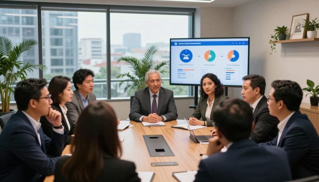 A vibrant and professional depiction of a political party meeting, showcasing a diverse group of people in a well-lit conference room. In the foreground, a focused group of men and women in business attire engage in a discussion, displaying a variety of facial expressions, from enthusiasm to contemplation. In the middle ground, a large glass window offers a view of a cityscape, adding depth and context. A large screen displays charts and data symbols, representing transparency in political processes. The background is filled with indoor plants and modern decor, creating an inviting and dynamic atmosphere. The lighting is bright yet warm, emphasizing the importance of openness and collaboration in political parties. The angle is slightly elevated, capturing the collaborative spirit and professional environment of the meeting.