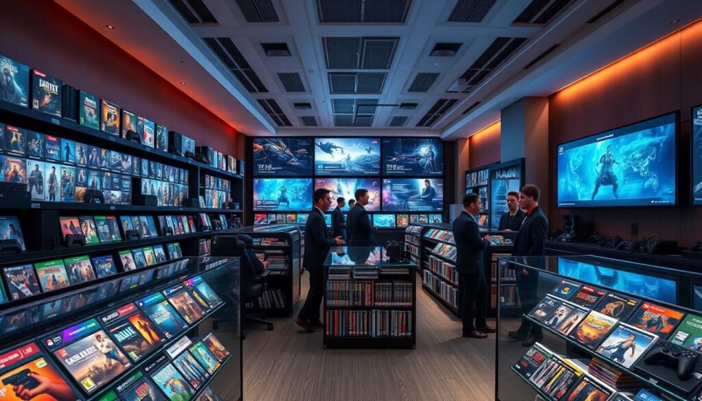 A vibrant, modern cloud gaming library showcasing a diverse selection of video games. In the foreground, stylish display cases filled with game titles for both Xbox and PlayStation, featuring colorful box art. The middle ground includes shelves packed with consoles, controllers, and gaming accessories, all neatly organized. The background features large digital screens displaying gaming graphics and statistics in a sleek, futuristic environment. Soft ambient lighting creates a warm, inviting atmosphere, while a few gamers in professional attire casually discuss their favorite titles. The camera angle is slightly elevated, capturing the entire scene with a sense of depth, emphasizing the vastness of the game library while maintaining a focus on the latest cloud gaming technology.