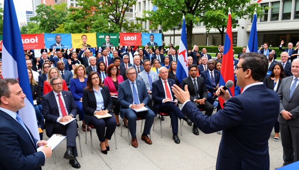 A vibrant political rally scene showcasing a diverse group of individuals in professional business attire, engaging in dynamic discussions about political parties. In the foreground, a confident speaker gestures passionately at a mic, flanked by flags representing various political parties. The middle ground features attentive listeners, some taking notes, others holding colorful banners with symbolic images, evoking an air of democratic engagement. The background consists of a large crowd gathered in a public space, surrounded by green trees and modern buildings, suggesting an urban setting. Bright, natural lighting enhances the mood, capturing the enthusiasm and energy of civic participation. The angle is slightly elevated, providing a comprehensive view of the engagement and diversity of the attendees, while ensuring a clear focus on the speakers and their message.