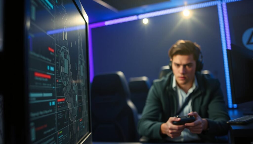 A visually striking illustration showcasing the concept of frame generation errors in gaming. In the foreground, display a close-up of a gaming monitor with visible artifacts and glitches, hinting at input lag issues. The middle ground features a gamer in professional casual attire, focused on their controller, with a frustrated expression as they encounter these issues. The background should consist of a dimly lit gaming room, with ambient blue and purple LED lights enhancing the technological atmosphere. Use a shallow depth of field to emphasize the monitor and gamer, creating a sense of immersion. The overall mood should be tense yet reflective, capturing the frustration of gameplay interrupted by technical errors. A visually striking illustration showcasing the concept of frame generation errors in gaming. In the foreground, display a close-up of a gaming monitor with visible artifacts and glitches, hinting at input lag issues. The middle ground features a gamer in professional casual attire, focused on their controller, with a frustrated expression as they encounter these issues. The background should consist of a dimly lit gaming room, with ambient blue and purple LED lights enhancing the technological atmosphere. Use a shallow depth of field to emphasize the monitor and gamer, creating a sense of immersion. The overall mood should be tense yet reflective, capturing the frustration of gameplay interrupted by technical errors.