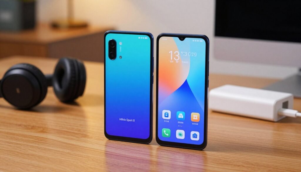 A close-up view of two smartphones, the Redmi 13C and Infinix Smart 8, positioned side by side on a sleek wooden table. The foreground focuses on their vibrant screens displaying storage capacity icons, symbolizing memory and storage options. In the middle, there are stylish tech gadgets like headphones and a power bank, enhancing the tech atmosphere. The background features a soft-focus modern office setting with warm lighting, creating a cozy yet professional mood. The angle is slightly overhead to capture the details of the phones while hinting at their usability in daily life. Emphasize clarity and realism, ensuring the smartphones are visually distinct and appealing.