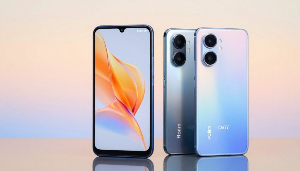 A dynamic comparison image of two mid-range smartphones, specifically the Realme C67 and its competitors priced around 2 million IDR. In the foreground, place the Realme C67 on the left, showcasing its sleek design and vibrant screen, with a close-up of its camera lens. To the right, display a competing phone, equally styled, capturing the essence of the competitive market. The background features a subtle gradient of colors to suggest a tech-friendly environment while maintaining focus on the devices. Soft, natural lighting illuminates the phones, emphasizing their sleek finishes and camera features. The overall atmosphere should convey innovation and rivalry in the smartphone market, enticing viewers with a sense of engagement and curiosity. A dynamic comparison image of two mid-range smartphones, specifically the Realme C67 and its competitors priced around 2 million IDR. In the foreground, place the Realme C67 on the left, showcasing its sleek design and vibrant screen, with a close-up of its camera lens. To the right, display a competing phone, equally styled, capturing the essence of the competitive market. The background features a subtle gradient of colors to suggest a tech-friendly environment while maintaining focus on the devices. Soft, natural lighting illuminates the phones, emphasizing their sleek finishes and camera features. The overall atmosphere should convey innovation and rivalry in the smartphone market, enticing viewers with a sense of engagement and curiosity.