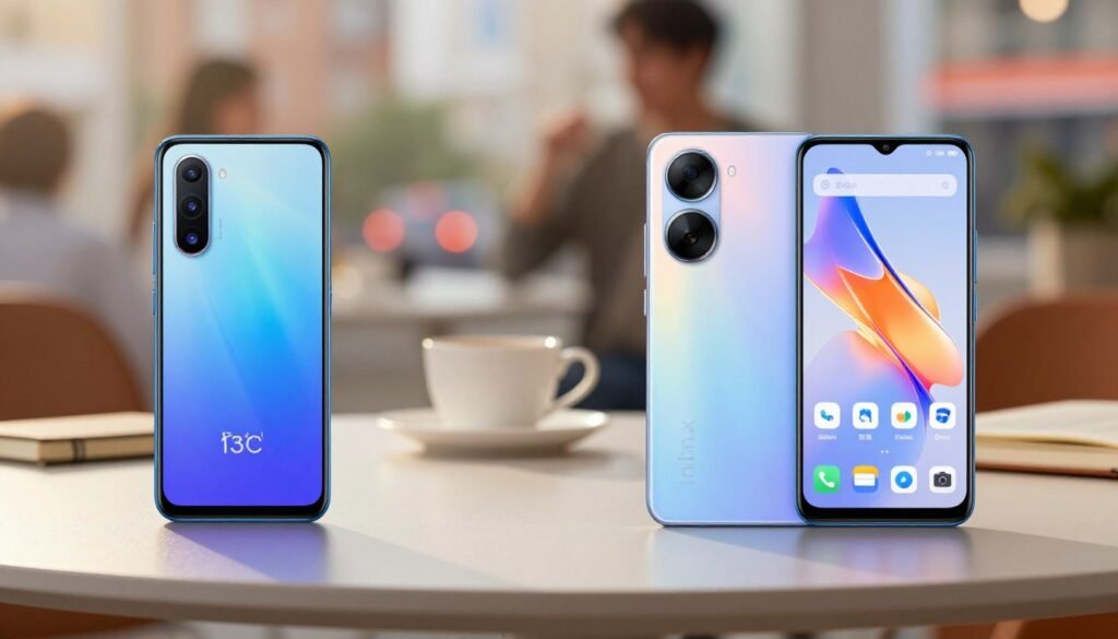 A split-screen image featuring two smartphones: the Redmi 13C on the left and the Infinix Smart 8 on the right. The foreground shows both devices displayed prominently on a sleek, modern tabletop with a soft-focus effect, emphasizing their design. In the middle ground, illustrate subtle lifestyle elements like a coffee cup and notebook to represent everyday use, with warm, inviting lighting illuminating the scene. In the background, incorporate a blurred urban setting to suggest an active, dynamic atmosphere. The mood should be informative yet approachable, appealing to users eager to choose the right entry-level smartphone for daily tasks. Key details like camera features and app icons should be faintly visible, ensuring the focus remains on the devices themselves.